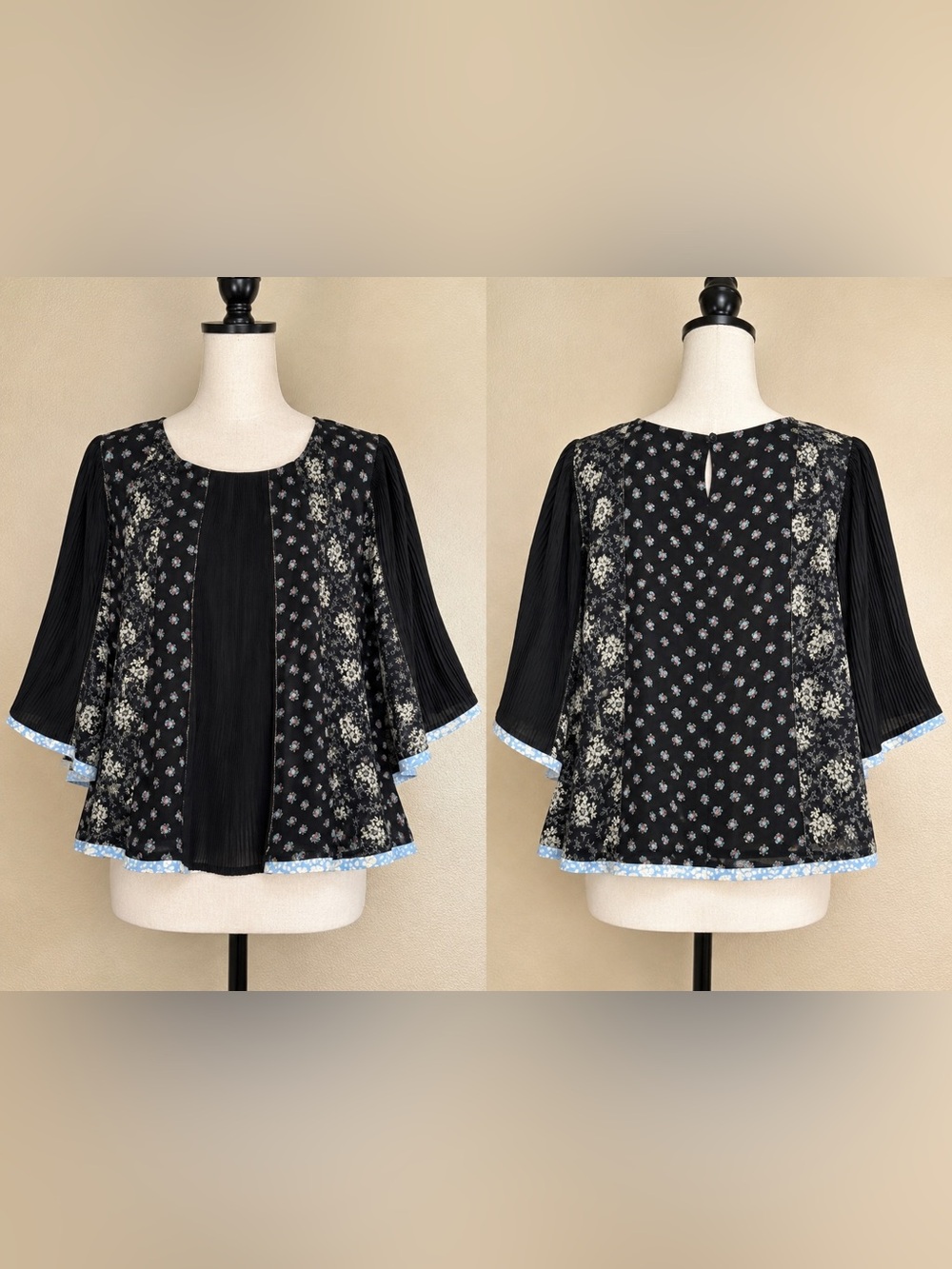 Club Monaco 100% Silk Black Floral Mixed-Panel cottagecore Peasant blouse